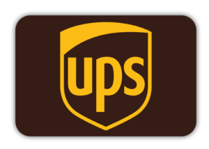 UPS Logo mit gelber Schrift auf braunem Untergrund.