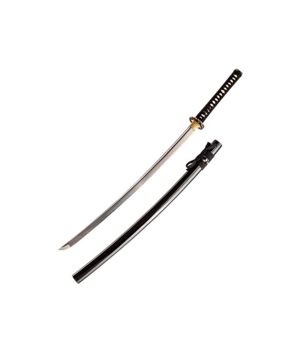 Das John Lee Golden Flower Katana mit Damastklinge und schwarzer Saya.