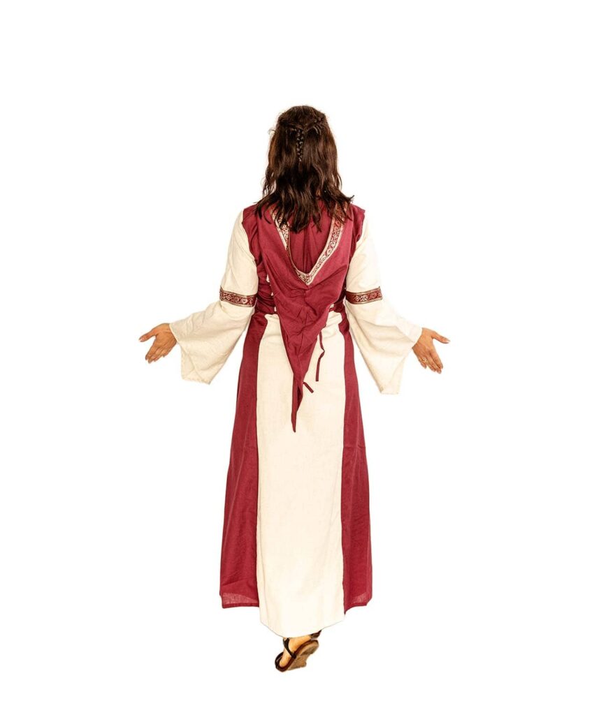 Mittelalterkleid mit Schnürungen und Kapuze aus Baumwollein Rot-Weiß von hinten.