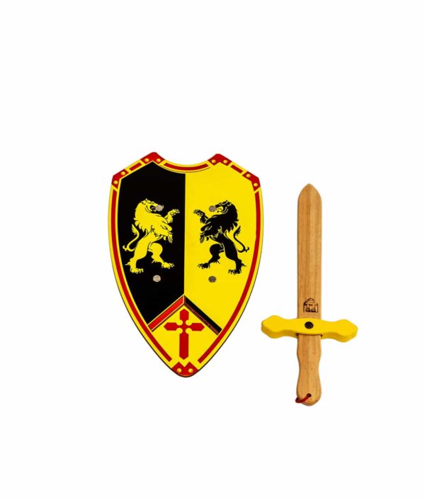 Ritter-Set mit Schwert und Schild in gelb und schwarz mit zwei Löwen.