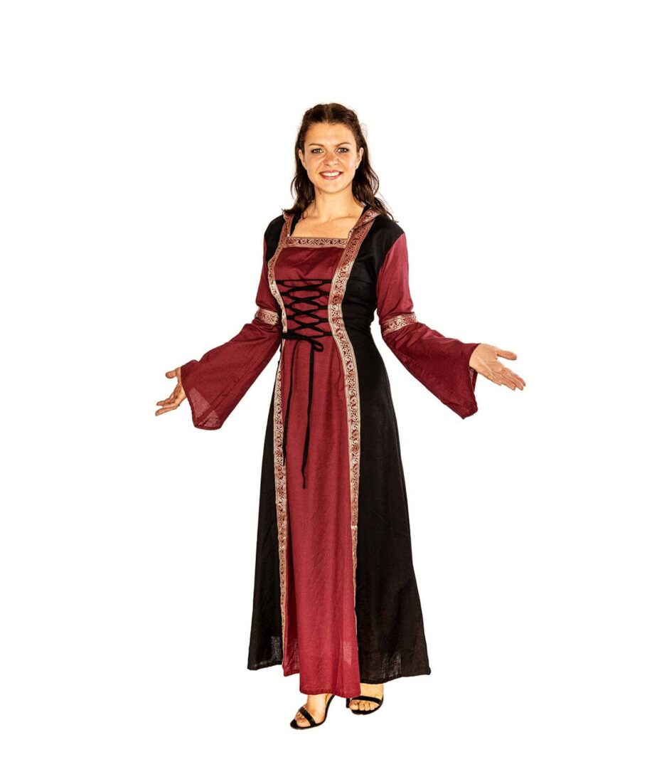 Mittelalterkleid mit Schnürungen und Kapuze aus Baumwollein Rot-Weiß von hinten.