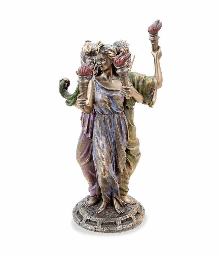 Griechische Göttin der Magie Hekate bronziert mit 3 Gesichtern blau